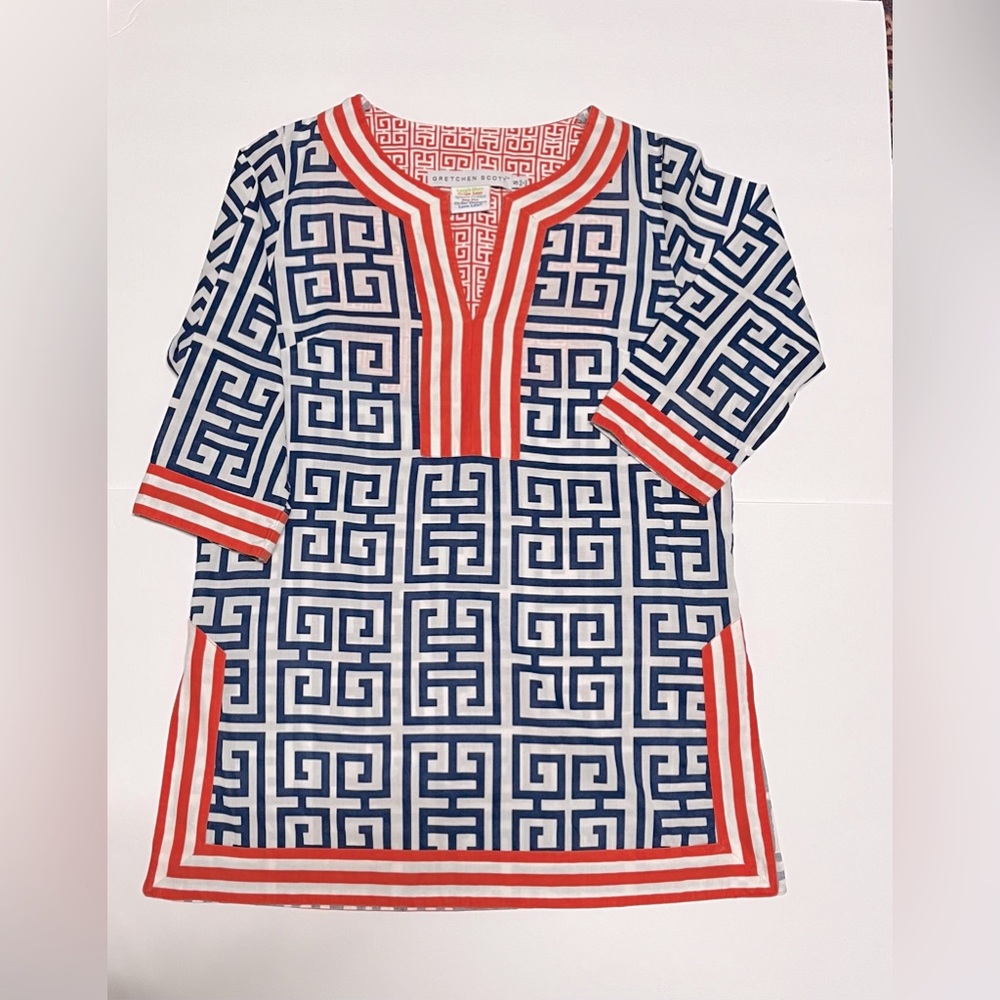 Gretchen Scott Navy Blue and Orange V Neck Tunic